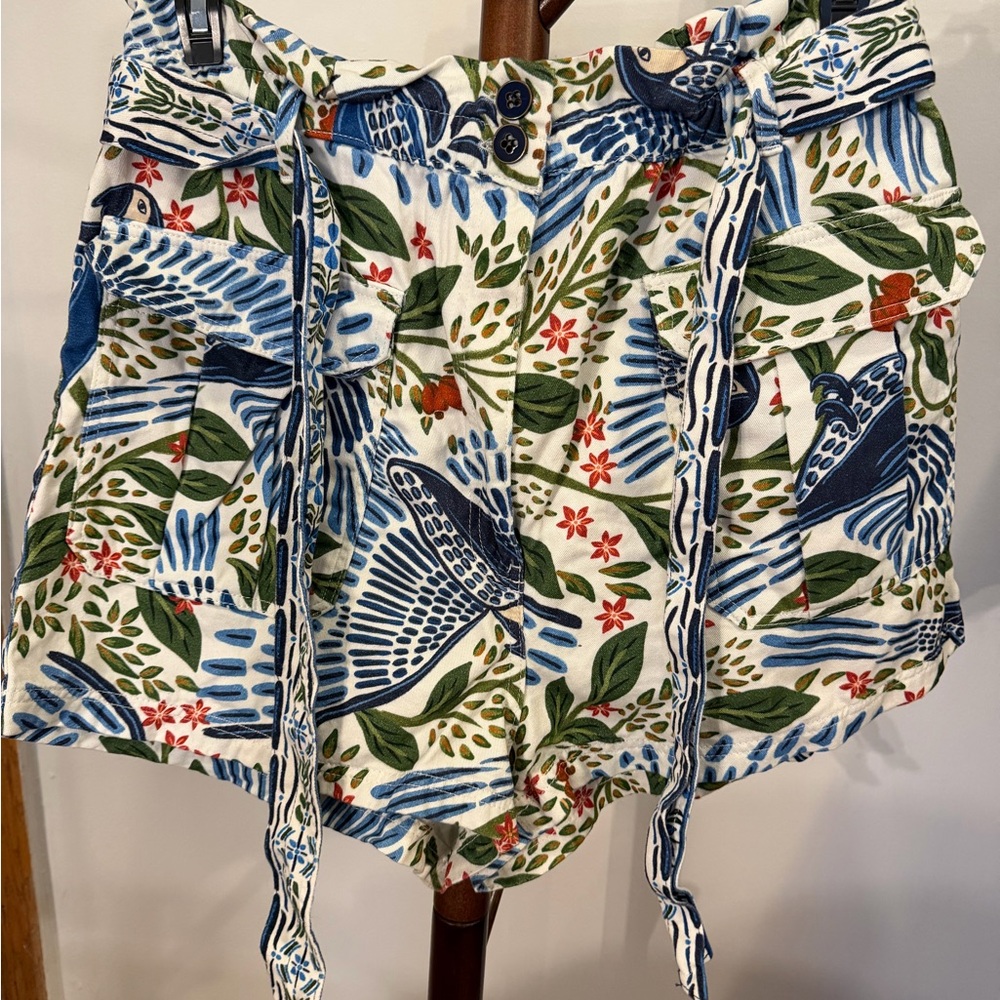 Farm Rio Blue Macaw High-Waist Paperbag Shorts with Tie Belt and Pockets, XL - Picture 3 of 6